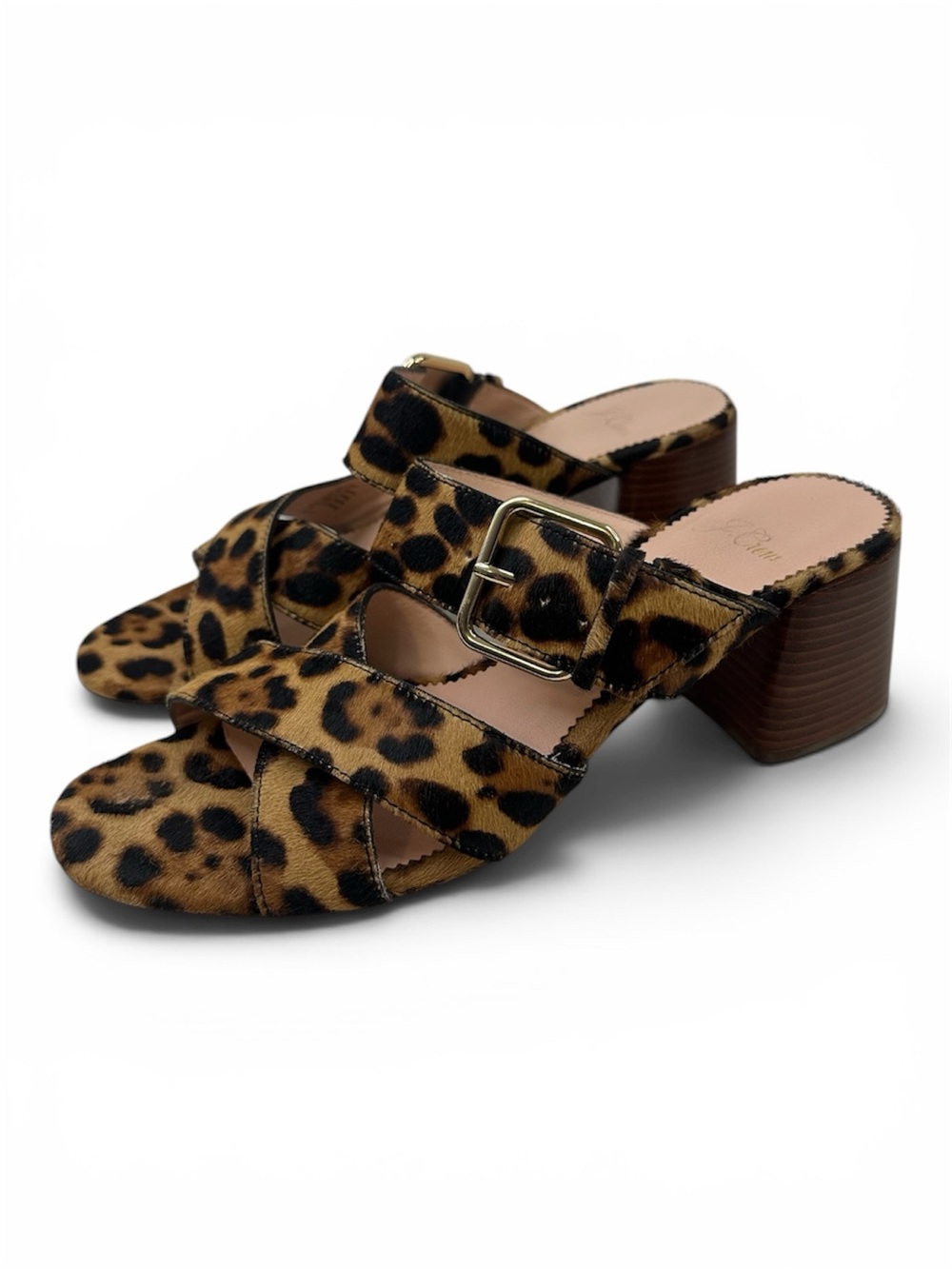 J.Crew Leopard Calf Hair Block Heel Mule Sandals 7.5 Animal Print Leather